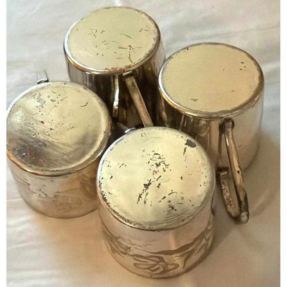 Vintage Tea Glass Holder and Saucer Set of 4 Silver Tone Etched Floral Ornate